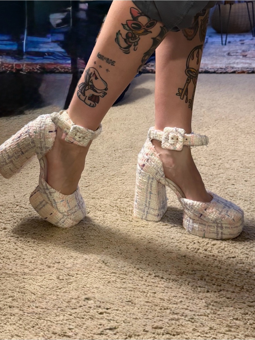 Charles and Keith Platform Ankle-Strap Tweed Block Heels - Cream Multi